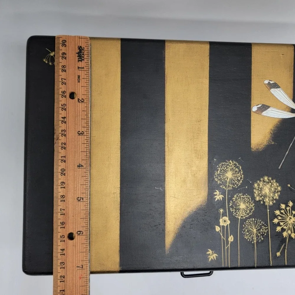 Vtg Wooden Jewelry Box Custom Hand Painted Black Gold Dragonfly Peacock